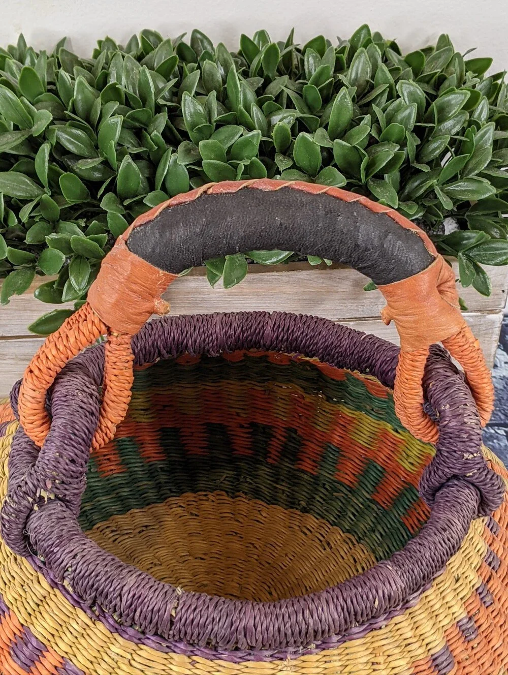 Handwoven African Bolga Basket w/ Wrapped Leather Handle